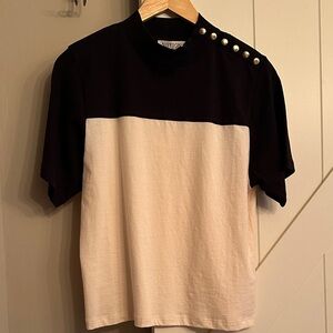 Black and Cream Short Sleeve Top with Button Detail